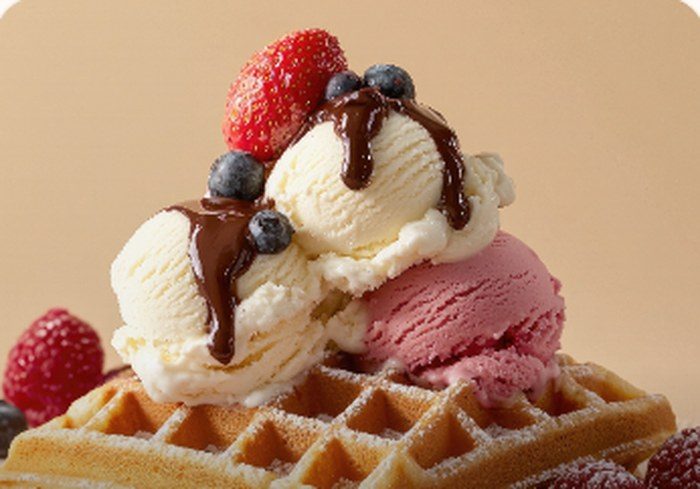 Verse wafel met gelato, slagroom en rood fruit